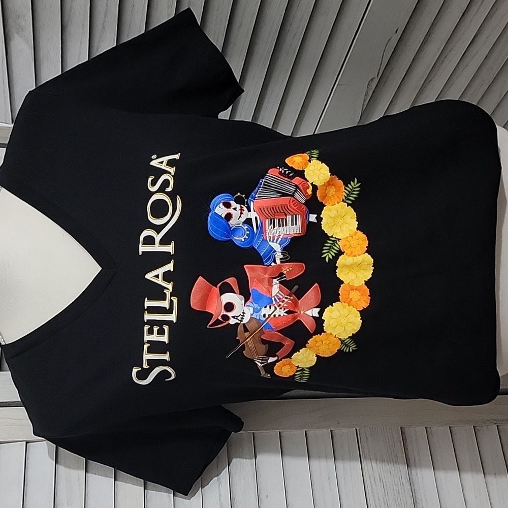 Stella Rosa NWT Bella Canvas Black V-Neck Dia De Los Muertos Skeleton T-Shirt L